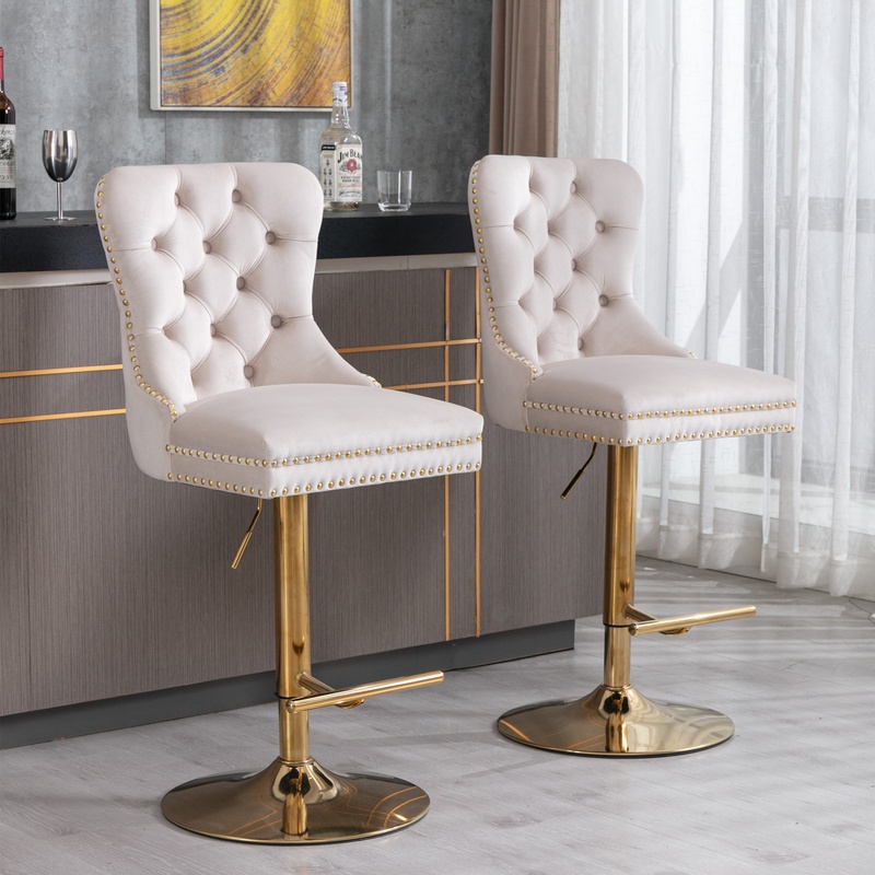 Commercial Kitchen Island - Beige Velvet Bar Stools with Adjustable